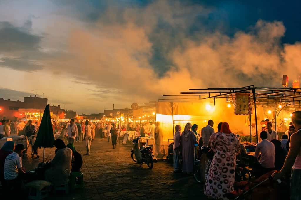 people in night market