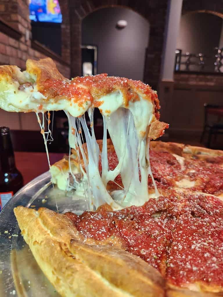 Cheesy deep dish Chicago style pizza.